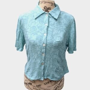 Women's vintage teal embroidered crochet short sleeves crop blouse size 10